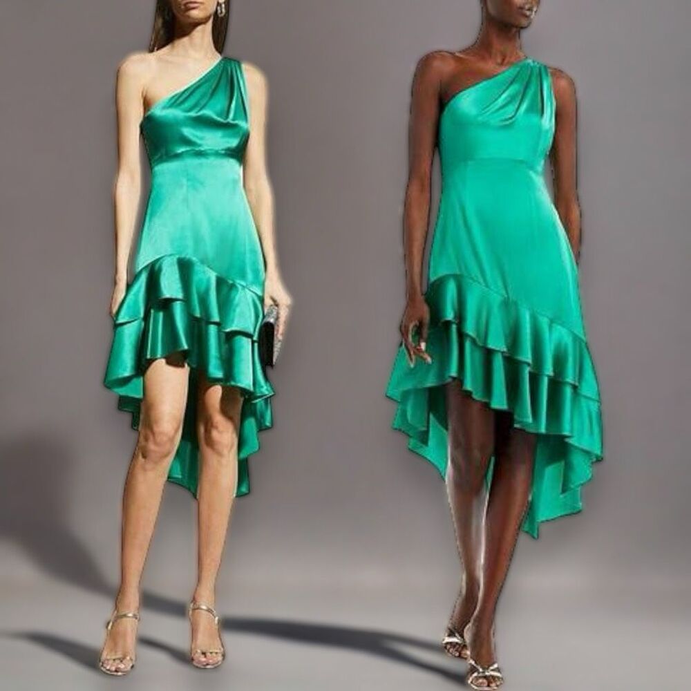 Cinq a Sept 100% Silk‎ Colina Ruffle One Shoulder Cocktail Dress Sz 2 Jade Green